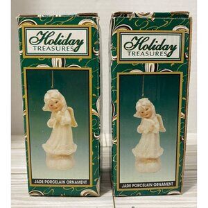 Vintage Angel Figurines Set Of 2 Ceramic Christmas Ornaments Flute & Harp Jade